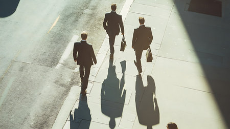 Three suited professionals walk through a sunlit city street casting long shadows.の素材