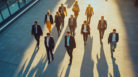 A diverse group of business professionals confidently walking together in a bustling urban environment.の素材