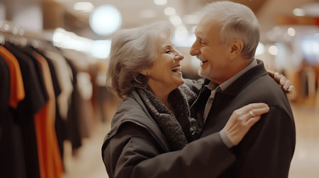 A joyful elderly couple shares a dance in a clothing store celebrating love and connection.の素材