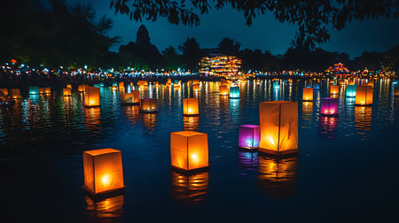 Experience the beauty of illuminated lanterns gracefully drifting on the water at night.の素材