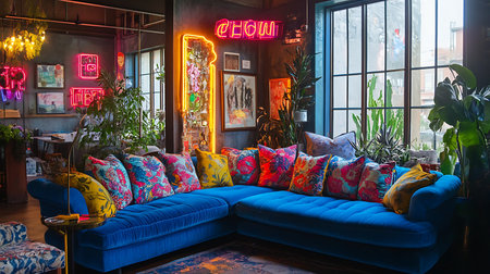 Explore a stylish urban apartment's vibrant living room showcasing bold decor and a cozy ambiance.の素材