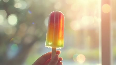 A vibrant ice pop enjoyed in a sunny kitchen capturing the essence of summer refreshment.の素材