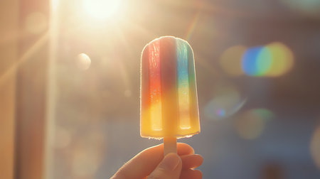 A vibrant popsicle is held up to the sunlight showcasing its colorful layers against a bright backdrop.の素材