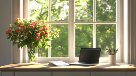 A serene home office with a laptop notebook and flowers capturing a peaceful working environment.の素材