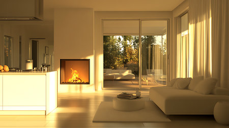 A serene interior featuring a cozy living room with a fireplace inviting warmth and comfort.の素材