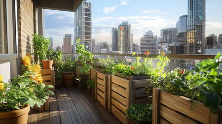 A serene balcony garden in the city showcases lush plants against a skyline backdrop.の素材