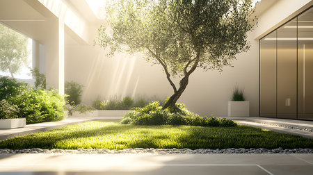 A peaceful olive tree garden in a modern architectural space showcasing serene beauty and natural light.の素材