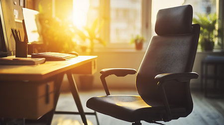 A sunlit office setting showcases a comfortable chair beside a desk perfect for productivity.の素材