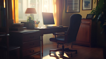 A serene home office bathed in sunlight inspiring productivity and tranquility in personal space.の素材