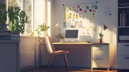 A modern home office featuring a bright workspace filled with plants and inspirational notes.の素材