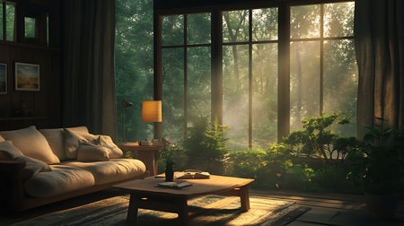 A cozy living room bathed in morning light showcasing nature-inspired decor and a tranquil ambiance.の素材