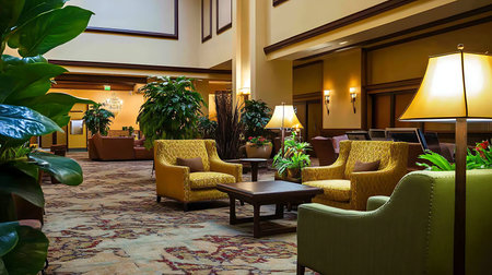 A serene hotel lounge designed for relaxation with comfortable seating and lush greenery.の素材