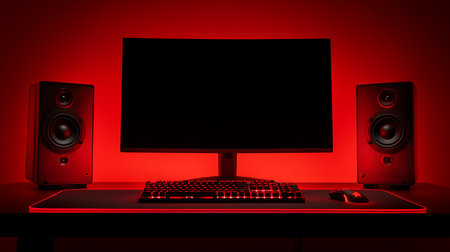 This modern gaming setup features red ambient lighting creating a sleek and immersive workspace.の素材