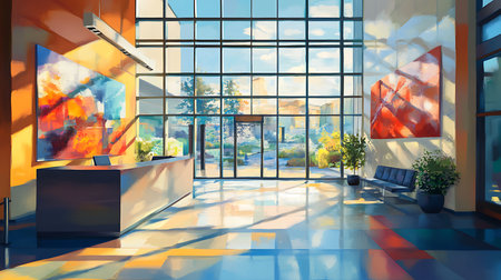 An inviting and colorful lobby featuring stunning art and natural light.の素材