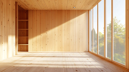 A bright airy interior showcasing a modern wooden room filled with natural light.の素材
