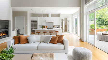 A sleek modern living room featuring cozy decor and abundant natural light.の素材