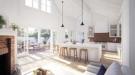 Explore a stunning modern kitchen filled with natural light showcasing sleek design and cozy ambiance.の素材