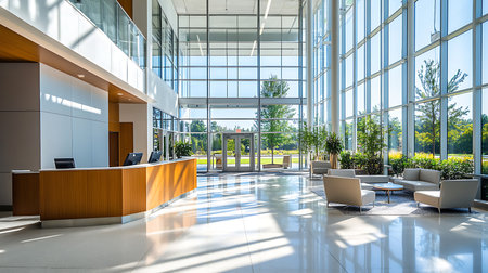 A spacious corporate reception area featuring contemporary design and ample natural light.の素材