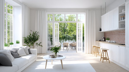 Explore a modern living room with natural light elegant decor and a serene atmosphere.の素材
