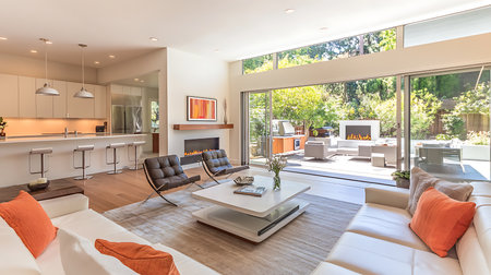 Explore this stunning modern living room featuring ample natural light and a seamless indoor-outdoor connection.の素材