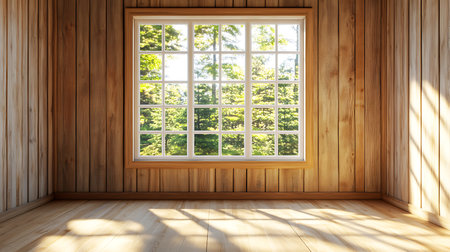 A serene wooden room illuminated by natural light offering a tranquil forest view.の素材