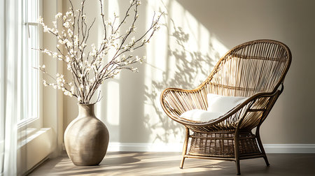A stylish wicker chair paired with a delicate floral vase capturing a serene living room ambiance.の素材