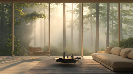 A tranquil retreat surrounded by misty trees showcasing a serene interior that invites relaxation.の素材