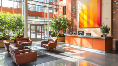 Explore a bright corporate reception area with stylish furniture greenery and modern design elements.の素材