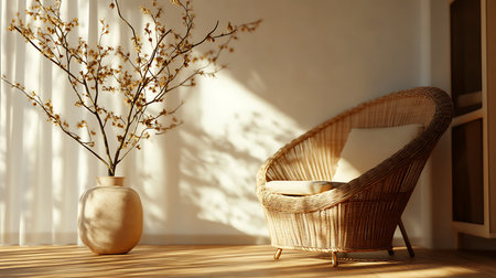 A serene indoor space showcasing a wicker chair and plant ideal for relaxation.の素材