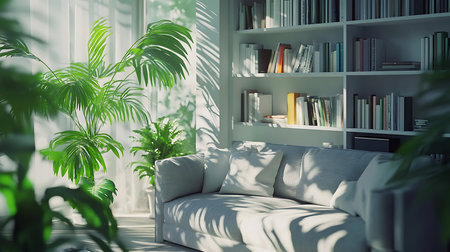 A bright and inviting living room featuring a cozy sofa and vibrant greenery creating a peaceful atmosphere.の素材