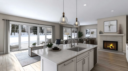 Explore a stylish modern kitchen and living area with snowy views perfect for winter gatherings.の素材