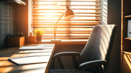 A serene home office capturing morning light ideal for boosting creativity and focus.の素材