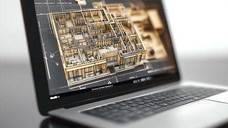Discover the intricacies of architectural design through detailed 3D modeling showcased on a laptop.の素材