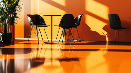 A serene office scene highlighting modern chairs in vibrant orange hues showcasing design and light.の素材