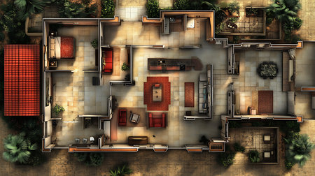 Explore a detailed aerial view of a modern house layout showcasing contemporary design features.の素材