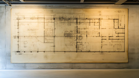 A large architectural blueprint is showcased highlighting the intricate design and artistry involved in construction.の素材