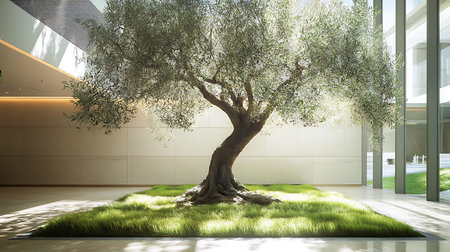 A majestic olive tree stands gracefully in a modern indoor space merging nature with architecture.の素材