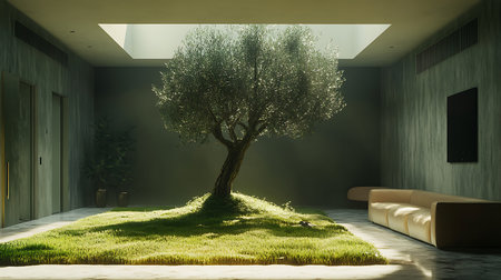 A serene olive tree thrives in a minimalist interior blending nature with modern architecture.の素材
