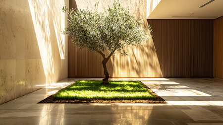 A solitary olive tree thrives in a minimalist indoor setting showcasing nature's beauty.の素材
