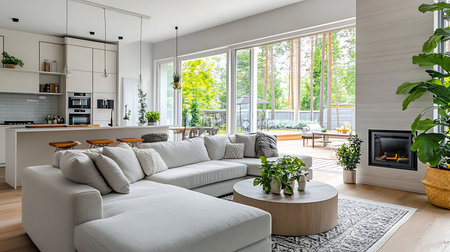Explore a serene modern living room showcasing cozy design and vibrant greenery.の素材