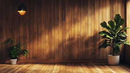 Explore a tranquil indoor space showcasing elegant plants against a warm wooden backdrop.の素材
