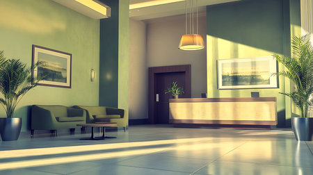 A stylish hotel lobby showcasing contemporary design elements and a welcoming atmosphere.の素材