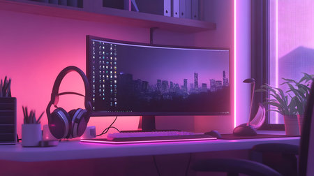 Explore a vibrant gaming setup illuminated with neon lights combining technology and creativity in a home office.の素材