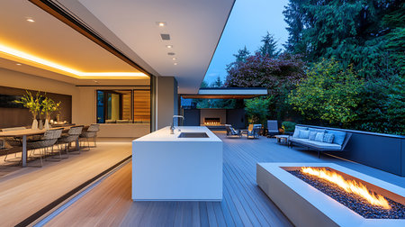A stylish outdoor space featuring a sleek kitchen and cozy fire pit for relaxing evenings.の素材