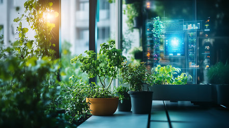 A vibrant indoor garden combines nature and technology for a greener living space.の素材