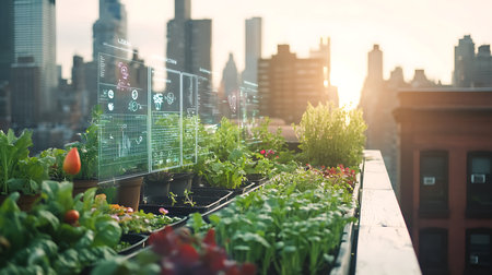Explore the future of urban gardening with innovative rooftop planting in a vibrant cityscape.の素材