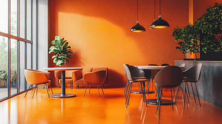 A sleek workspace featuring vibrant orange walls modern furniture and a relaxed atmosphere.の素材