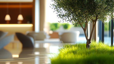 A serene interior showcasing a vibrant green tree against a stylish urban backdrop.の素材