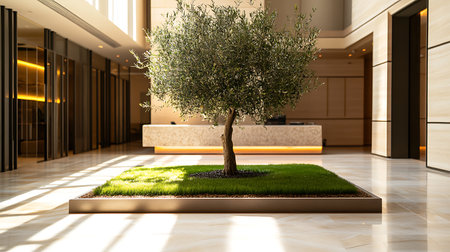 A sleek olive tree centerpiece enhances the modern office lobby's minimalist design.の素材