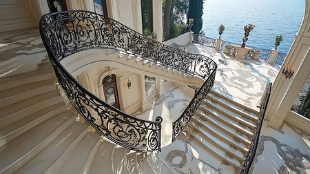 A stunning view of an elegant staircase in a luxury villa overlooking a serene waterfront.の素材